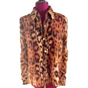 Vintage 818 SS 818 Leopard Print Gold Button Down Blouse Shirt Top Size S Petite